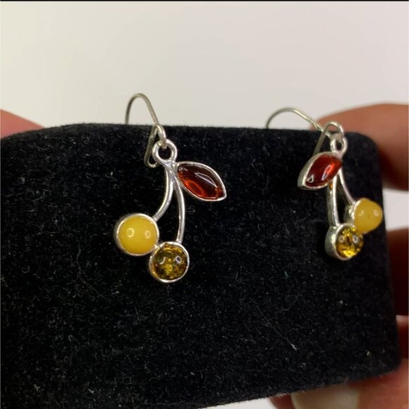 Sterling Silver 925 Amber Drop Dangle Earrings With Leaf & Round Design - Picture 10 of 14